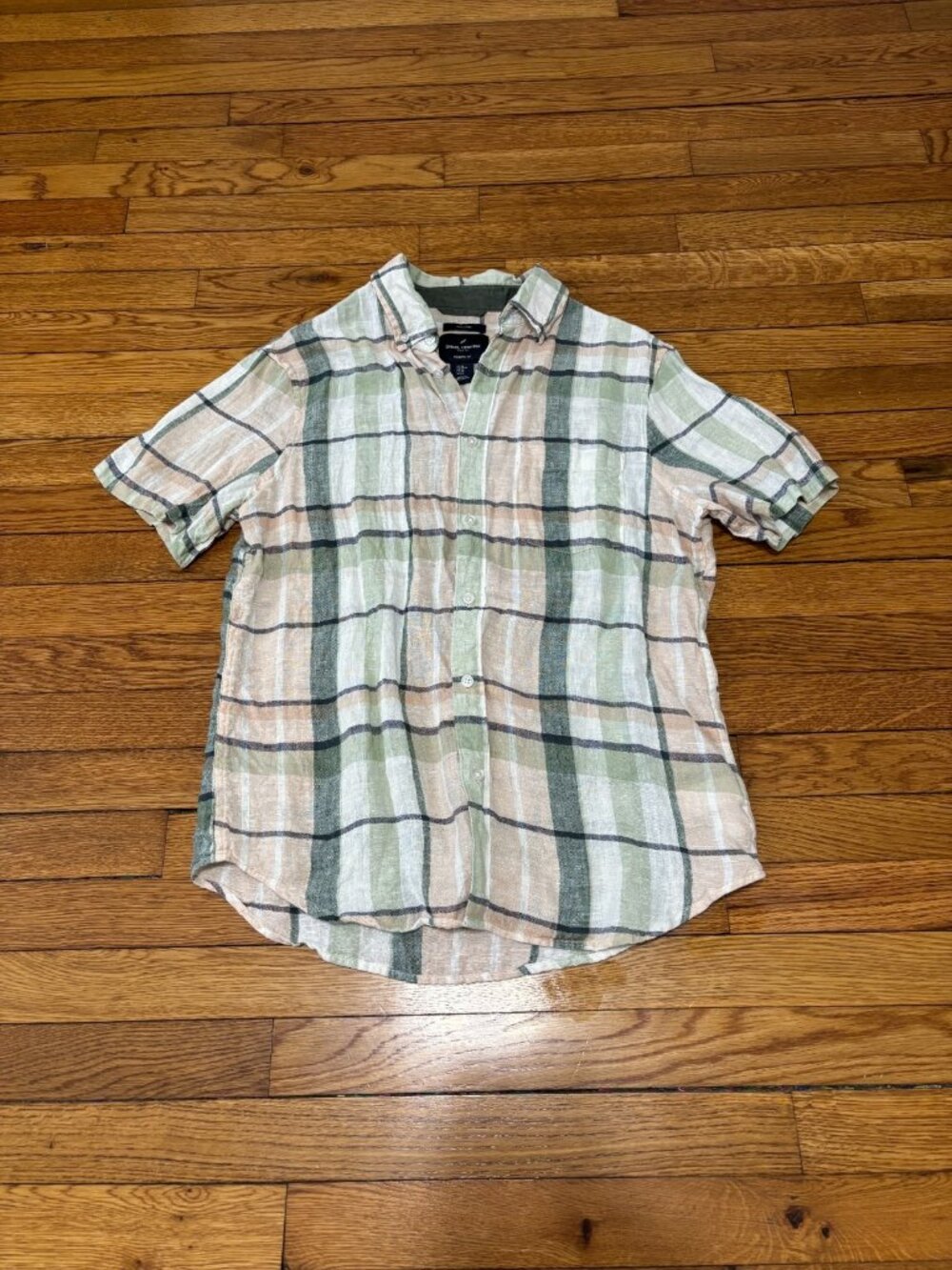 Daniel Hechter Mens 100% Linen Button Up Shirt Medium Green Beige Plaid Modern